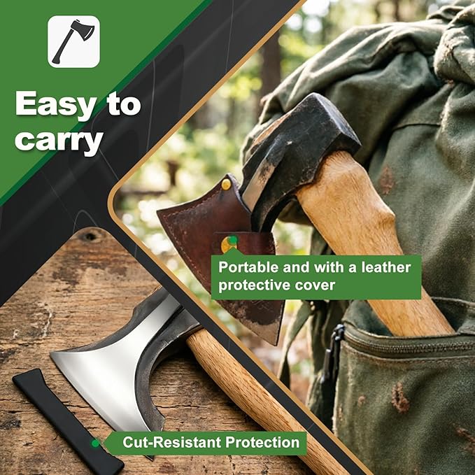 Bushcraft Camping Hatchet, 14.7 in Hand Forged Splitting Axe for Outdoor Wood Splitting Chopping & Carving Tool with Leather Sheath