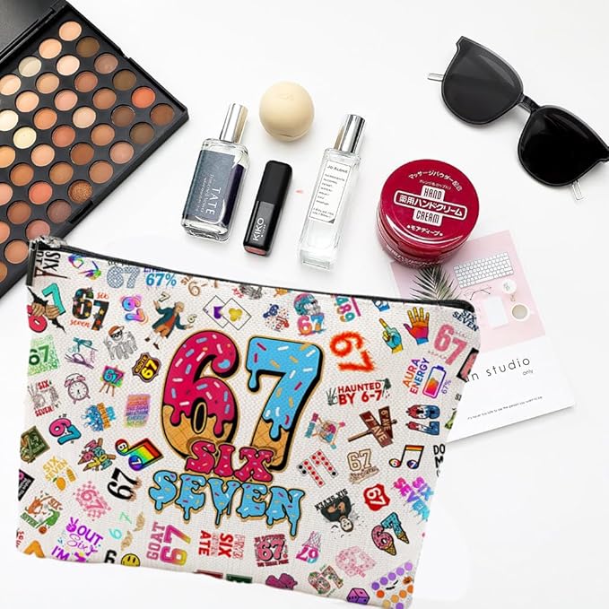 Six Seven Gifts for Women Makeup Bag, Funny 6 7 Cosmetic Bag & Travel Toiletry Pouch, Viral Meme Gifts, Cute Makeup Pouch for Party Favors & Unique Birthday Gifts