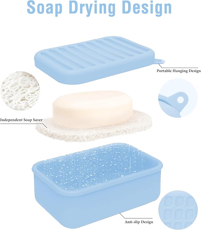 Silicone Travel Soap Case, Leak-Proof Bar Soap Container with Drain Tray, Portable Travel Soap Dish with Lid for Hiking, Gym, Camping, PortableToiletries Accessories (Blue)