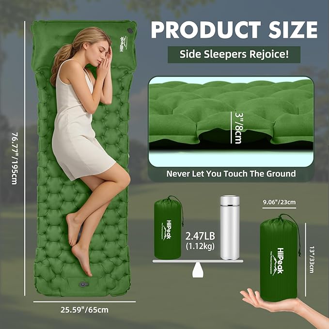 HiiPeak Camping Sleeping Pad, Suede Top Camping Mat with Pillow, Built-in Foot Pump Inflatable Sleeping Pads Compact for Camping Backpacking Hiking Traveling Tent