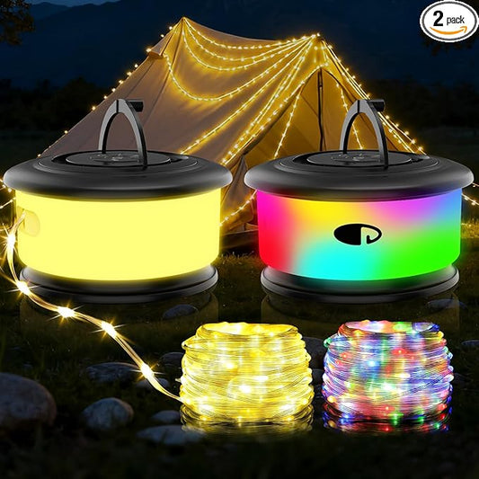2 Pieces Camping String Lights, 3 in 1 Quick Storage 32.8FT Rechargeable Fairy String Lights with 6 Lighting Modes, Portable LED Lamp for Christmas Decor Patio Party Camping Essentials