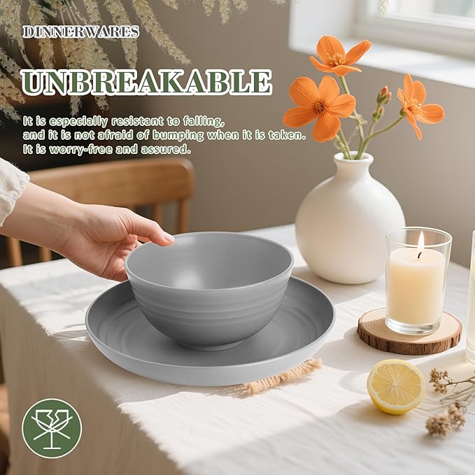 Wrova Wheat Straw Dinnerware Sets of 20,Dishwasher Safe Kitchen Plates and Bowls Sets,Camping Dishes Sets Contains Dinner Plates,Cereal Bowls,Drinking Cups and Flatware.(Grey)