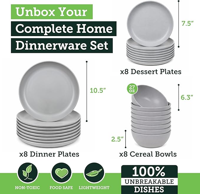 Grow Forward 24-piece Premium Wheat Straw Dinnerware Sets for 8 - Dinner Plates, Dessert Plates, Cereal Bowls - Unbreakable Microwave Safe Plastic Plates and Bowls Sets, RV, Kitchen Dishes - Feather