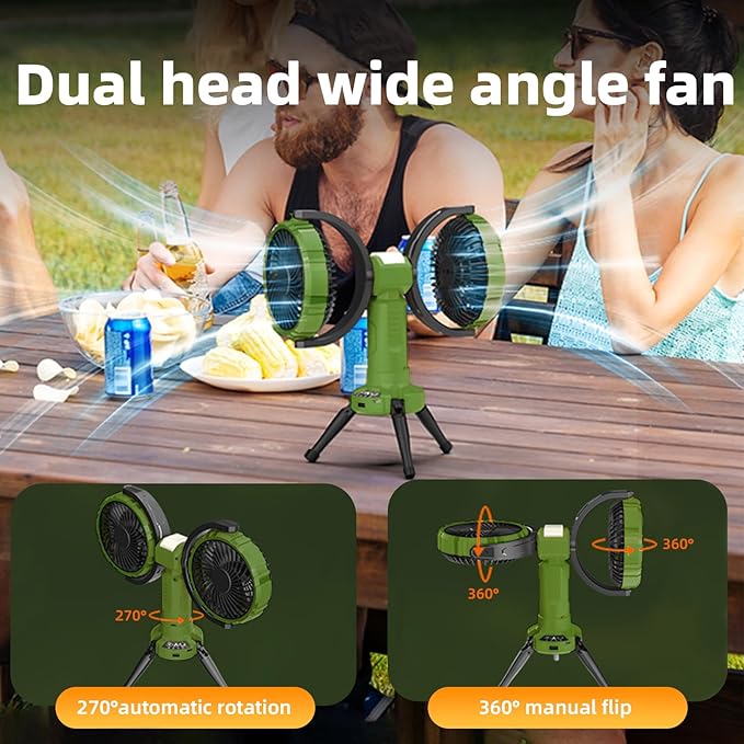 Camping Fan with Light,10000 mAh Rechargeable Battery Powered Tent Ceiling Cooler Fans,270° Oscillating 360°Rotating Portable Camping Essentials Gear for Outdoor Canopy,Travel(Deep Green)