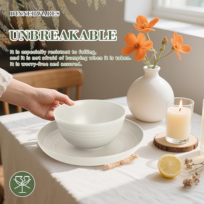Wrova Wheat Straw Dinnerware Sets of 20,Dishwasher Safe Kitchen Plates and Bowls Sets,Camping Dishes Sets Contains Dinner Plates,Cereal Bowls,Drinking Cups and Flatware.(Beige)