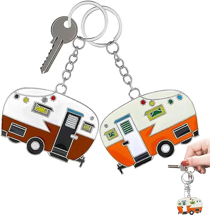 2 Pack Camper Keychain Set Happy RV Camper Keyring Couples Camping Accessories for Men Women Travel Trailers
