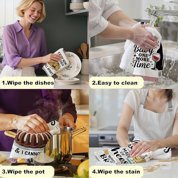 4PCS Funny Kitchen Towel, Cute Decorative Dish Towels Sets, Absorbent Waffle Hand Towels, Housewarming Gifts for New Home, Women, Mom, Funny House Warming Presents, Hostess Gifts