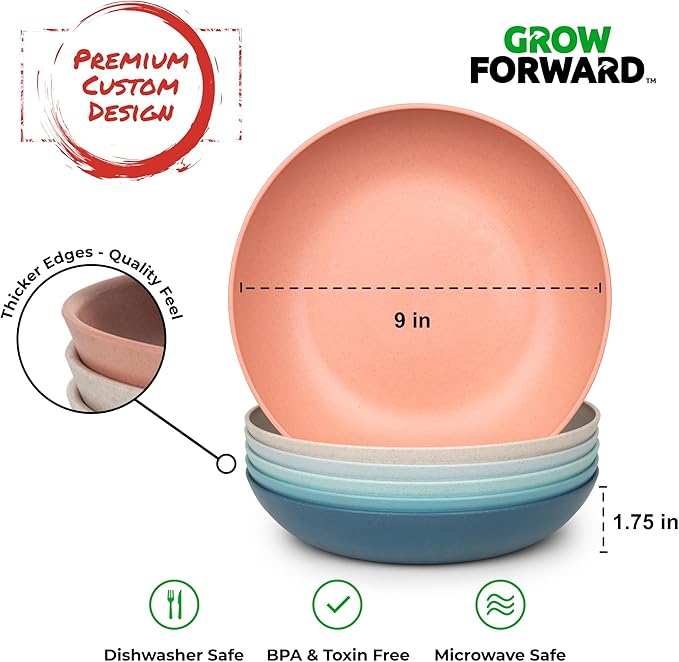 Grow Forward Premium Wheat Straw Pasta Bowls - 42oz Unbreakable Wide & Shallow Dinner Plate Bowls Set of 6 - Microwave Safe Reusable Plastic Pasta Bowls for Kids, Adults, Salad, Camping, RV - Tropical