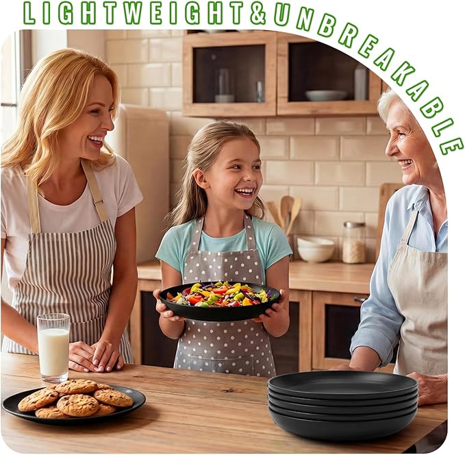 10 Inch Deep Dinner Plates Set of 6, Wheat Straw Unbreakable Plastic Plates, Reusable Microwave Safe Plates, Dishwasher Safe Lightweight for Kitchen, Outdoor, Camping, Black