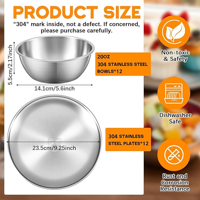 304 Stainless Steel Plates and Bowls Sets for 12, 24 Pieces 9 Inch Metal Camping Plates and Bowls Sets for Picnic, Travel, Reusable Double Insulated Dinnerware for Adult Girls Boys (Silver)