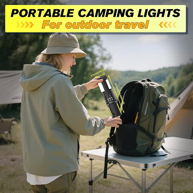 SakerPlus Portable Camping Lights with Stand, 5000LM Rechargeable LED Flashlight, 9 Color Modes, Collapsible Camping Lantern Tent Light with Magnetic Base for Power Outages, Camping & Emergency(Black)