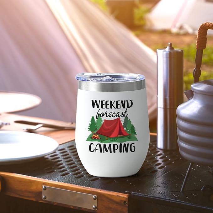 Lifecapido Camping Gifts 2 Pack Stainless Steel Wine Tumblers, Camper Holiday Birthday Christmas Gifts for Women Men Capmer RV Campers (12oz, White)