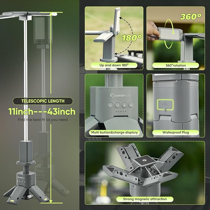 SakerPlus Portable Camping Light, 14000mAh Telescopic Camping Lantern with Rechargeable Power Supply, Dimmable Magnetic Tent Lamps 6000 Lumen Outdoor Work Lights for Hiking,Camping,Home Emergency