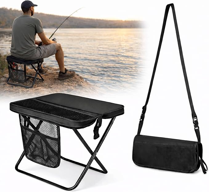 Foldable Stool with Carrying Bag,Compact Folding Chair with Shoulder Strap, Lightweight Outdoor Seat for Fishing, Camping, Hiking, Garden, Beach, Sports Games, Festivals (Black)