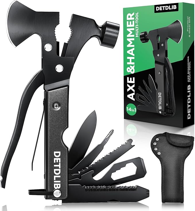 15-in-1 Multitool Axe Hatchet, Birthday Gifts for Men, Essential for Camping, Hiking, Cool Gadget, Gifts for Men. Women, Dad, Him, Husband, Father, Mechanic, Boyfriend, Black