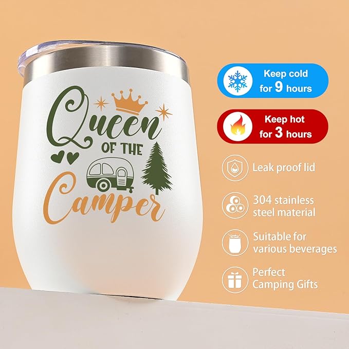 Lifecapido Camping Gifts, Queen of The Camper and King of The Camper 12oz Wine Tumblers Set, Camper Gifts Holiday Gifts Birthday Gifts Christmas Gifts for Capmer (2 Pack, White and Army Green)