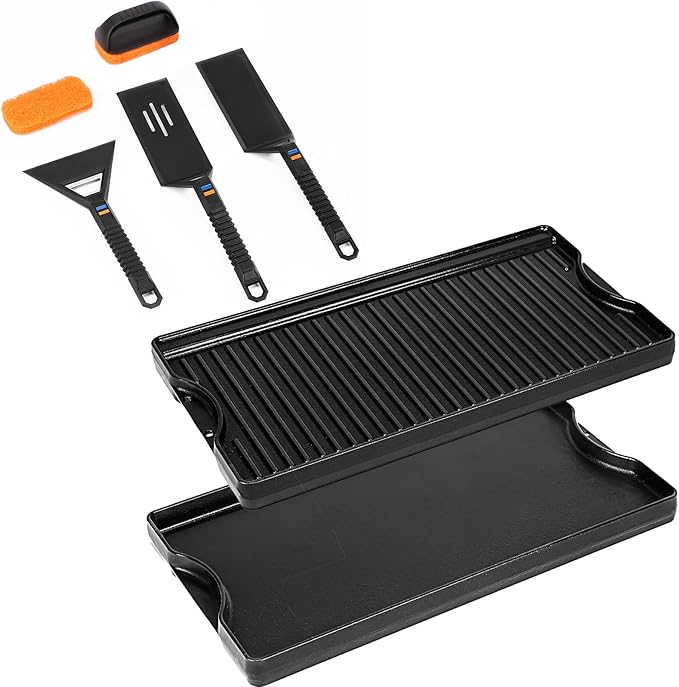 Utheer Griddle Kit, 19.5" x 10.5" Reversible Cast Iron Flat Top Griddle with 5-Piece Scratch-Free Silicone Tools, Ceramic Nonstick Grill Griddle for Stove Top, Gas Grill, BBQ and Camping