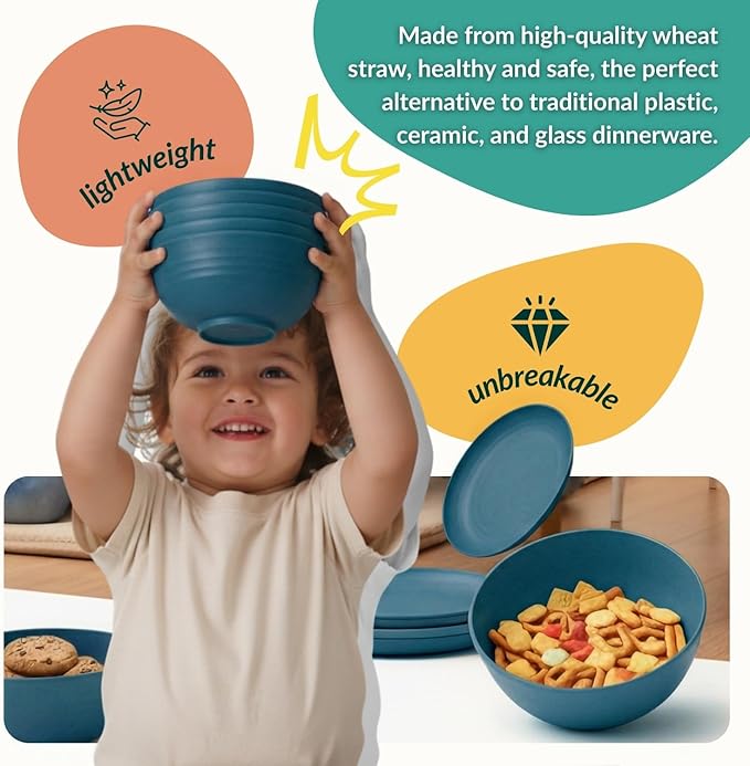 Homienly Wheat Straw Dinnerware Sets for 8, 40 Pcs Unbreakable Plates and Bowls Sets, Microwave Dishwasher Safe Dish Set, Reusable Plastic Dishes for Kitchen, Camping, Deep Plates for Salad (Blue)