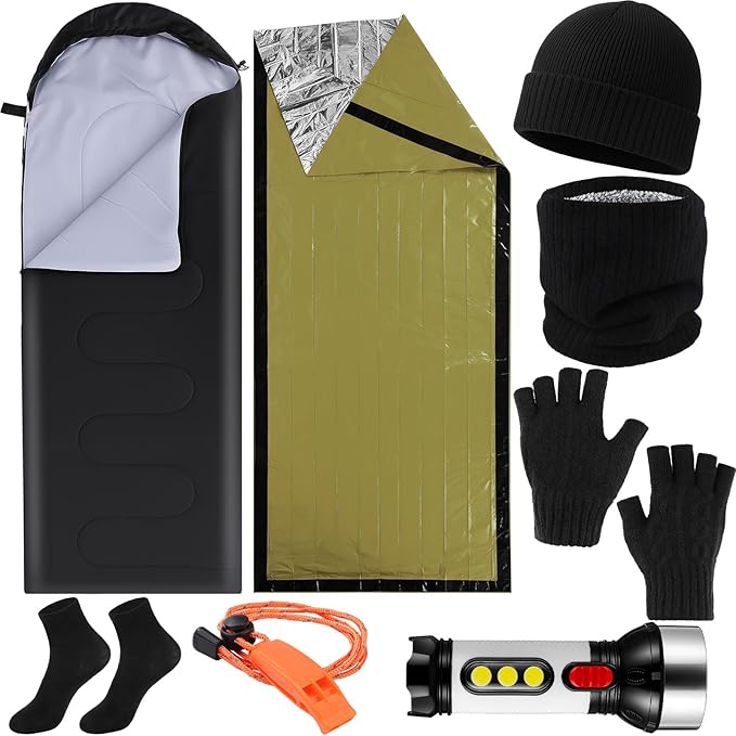 Chicingyou 8 Pcs Portable Emergency Thermal Blanket Camping Sleeping Bag Solar Rechargeable Flashlight Emergency Safety Whistle Gloves Scarf Socks Beanie Set for Camping Hiking Travel Hunting (Green)