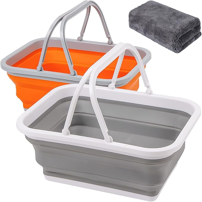 Collapsible Sink with Handle Towel, 2.37 Gal / 9L Foldable Wash Basin for Washing Dishes, Camping, Hiking and Home