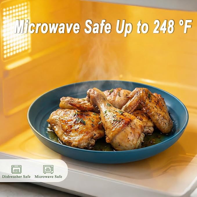Deep Dinner Plates 10 Inch, Plastic Plates Reusable, Unbreakable Wheat Straw Plates Set of 8, Microwave and Dishwasher Safe Serving Plate for Main Course - Blue