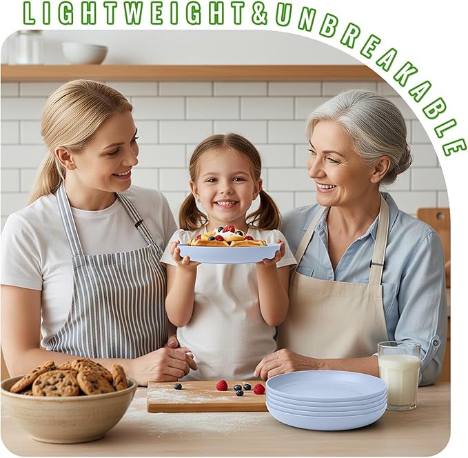 8 Inch Dinner Plates, Wheat Straw Unbreakable Plate Set of 6, Reusable Plastic Plates, Microwave and Dishwasher Safe Small Plates for Kids, Breakfast, Dessert, Light Blue