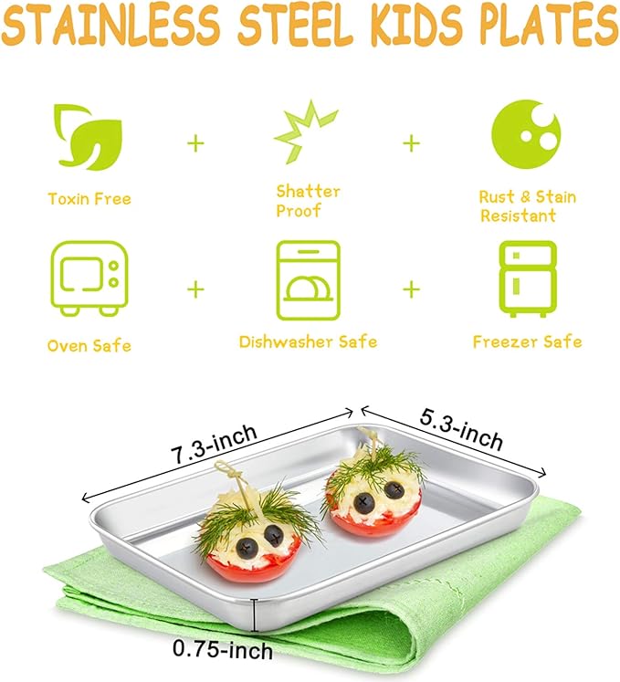 E-far Stainless Steel Kids Plates, 4 Pieces Mini Metal Dinner Dish Set for Kids Toddler Child, 7.3” x 5.3” x 0.75”, Non-Toxic & Dishwasher Safe, Great for Self-Feeding/Picnic/Outdoor Camping