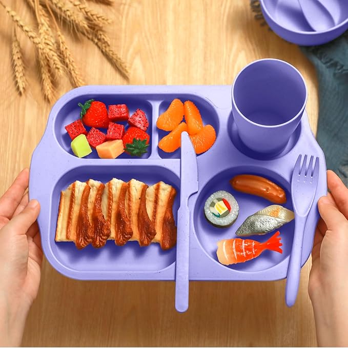 24 Pcs Wheat Straw Dinnerware Cutlery Set for Aldult Including Divided Plates Microwave Dishwasher Safe Bowl Unbreakable Tableware Straw Cutlery Spoon Knife Fork(Light Purple, Light Pink)