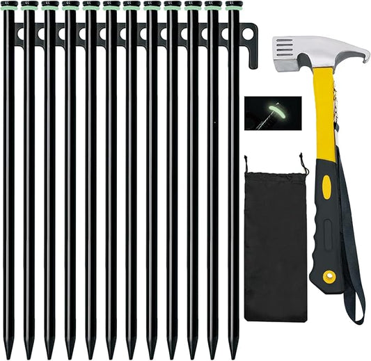 12 Pack Tent Stake with Hammer, 16in Heavy Duty Tent Stakes + 10in Camping Hammer+Storage Pouch, Forged Steel Tent Stakes for Camping Used on Rocks(12 Pack 16in Stakes+Hammer