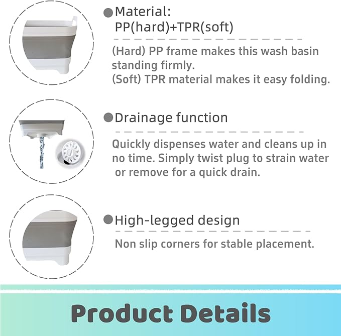 GIMWA Collapsible Wash Basin with Drain Plug - 2.4 Gallon Foldable Kitchen Sink for Baby Bottles, RV Camping, Space-Saving Dish Tub (Gray)