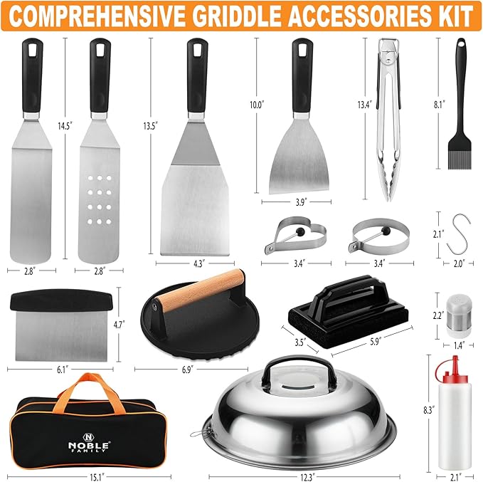 N NOBLE FAMILY 27 PCS Griddle Accessories Kit, Flat Top Grill Accessories Set for Camping, Professional Griddle Spatula Set with Melting Dome, Burger Press for Outdoor BBQ Cooking