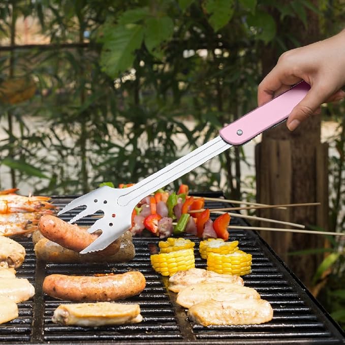 ROXON S601 14" 6 in 1 MBT3 Folding Grill Utensils Set Fork Spatula Grilling Knife Tongs Opener for Backyard Barbecue and Camping (Pink)