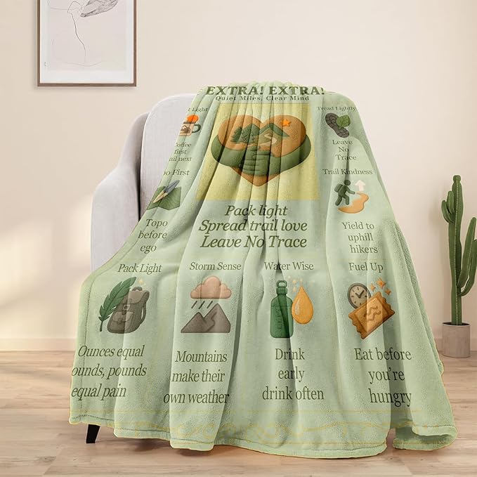Hiking Throw Blanket 60x50 - Flannel Camping Blanket, Topo Map Style Mountain Print, Backpacking Gift for Hikers, Soft Travel Couch/Bed Throw, Women & Men