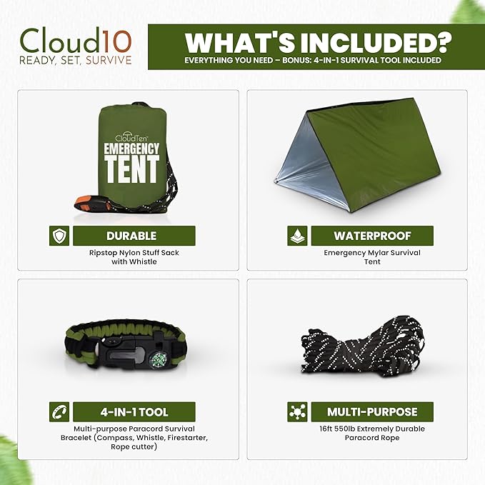 CloudTen Emergency Tent: Lightweight 2 Person Survival Tent with Multi-Function Paracord Bracelets - Essential Survival Gear & Bug Out Bag Items for Preppers, Hikers, Survivalists, Campers, Boy Scouts