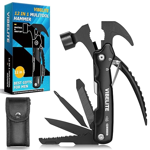 Gifts for Men, 12 in 1 Multitool Hammer for Camping, Hunting, Hiking, Birthday Gifts for Men, Dad, Him, Husband, Boyfriend, Women, Mens Gift from Daughter, Wife, Son, Black