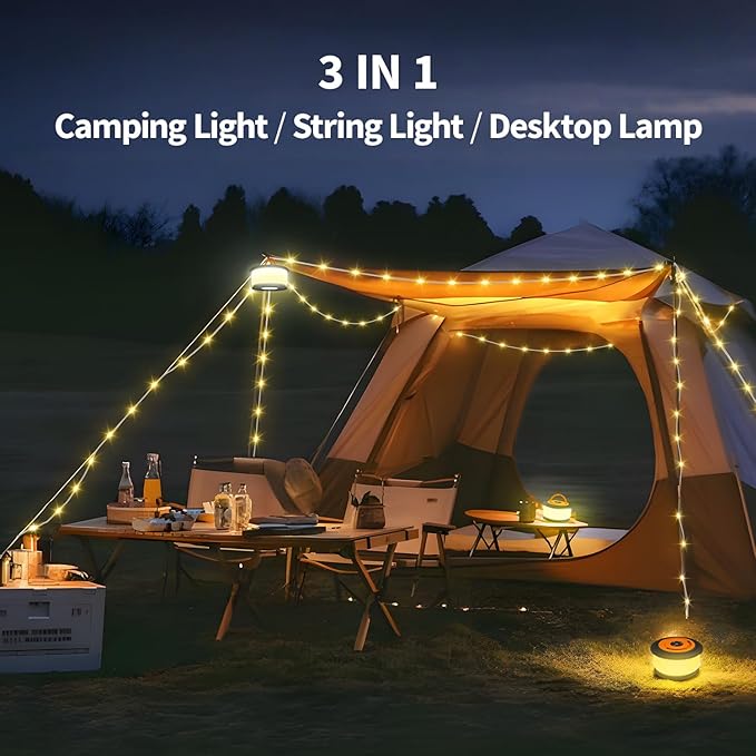 Zocelight Camping String Lights,2 in 1 Upgraded 32.8FT Rechargeable Tent Lights String with 19 Lighting Modes,Quick Storage，Portable LED Lamp for Bedroom Yard Decor Christmas Camping Essentials
