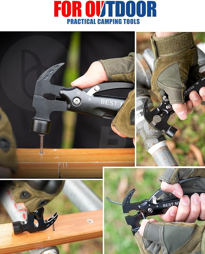 BIBURY 12-in-1 Multitool Hammer, Heavy Duty Survival Gear with Safety Lock, Fathers Day Gift for Dad Husband Men, Portable EDC Multi Tool Gadgets for Camping Hiking Car Emergency