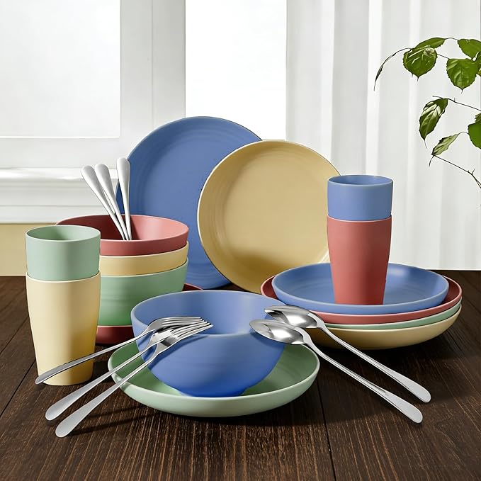24 Piece Plates and Bowls Sets for 4- Unbreakable Wheat Straw Dinnerware Sets Includes Stainless Steel Forks for Picnic Camping Outdoor Kitchen and Apartment Dinning RV Essentials- Colorful