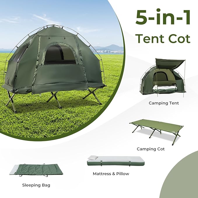 LDAILY Camping Tent Cot, 5 in 1 Off Ground Elevated Tent with Air Mattress, Sleeping Bag & Pillow, Folding Camping Cot Combo with Carrying Bag for Outdoor Hiking, RV, Picnic, Field Backyard (1 Person)