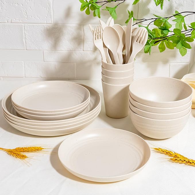 LIYH 28 Pcs Beige Wheat Straw Dinnerware Plates and Bowls Sets, Plastic Plates Reusable, Dinnerware Set for 4, Dish Set for Kitchen & Camping