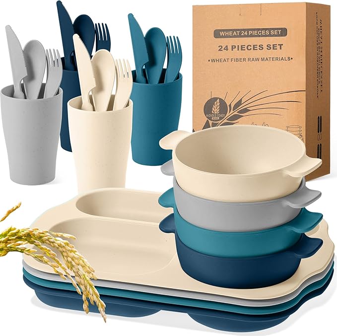 24 Pcs Wheat Straw Dinnerware Cutlery Set for Adult Including Divided Plates Microwave Dishwasher Safe Bowl Unbreakable Tableware Straw Cutlery Spoon Knife Fork(Dark Color)