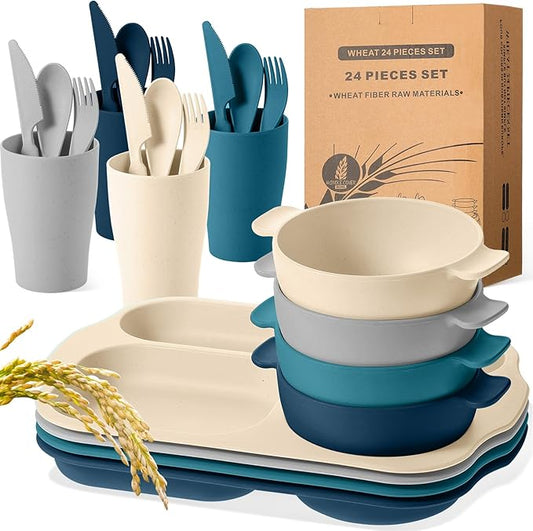 24 Pcs Wheat Straw Dinnerware Cutlery Set for Adult Including Divided Plates Microwave Dishwasher Safe Bowl Unbreakable Tableware Straw Cutlery Spoon Knife Fork(Dark Color)