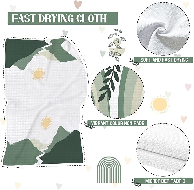 Boho Kitchen Towels Set of 4, Boho Bohemian Sun Moon Kitchen Towels Decorative Set, Bohemian Green Hand Tea Towels for Bathroom Decor, 16x24inch