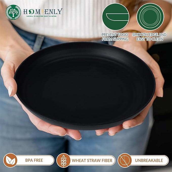 Homienly Wheat Straw Plates Unbreakable Deep Dessert Plates Set of 8 Plastic Plates Reusable Microwave Safe Plate for Kitchen Camping Party Dishwasher Safe Stackable Appetizer Plates (8in, Black)