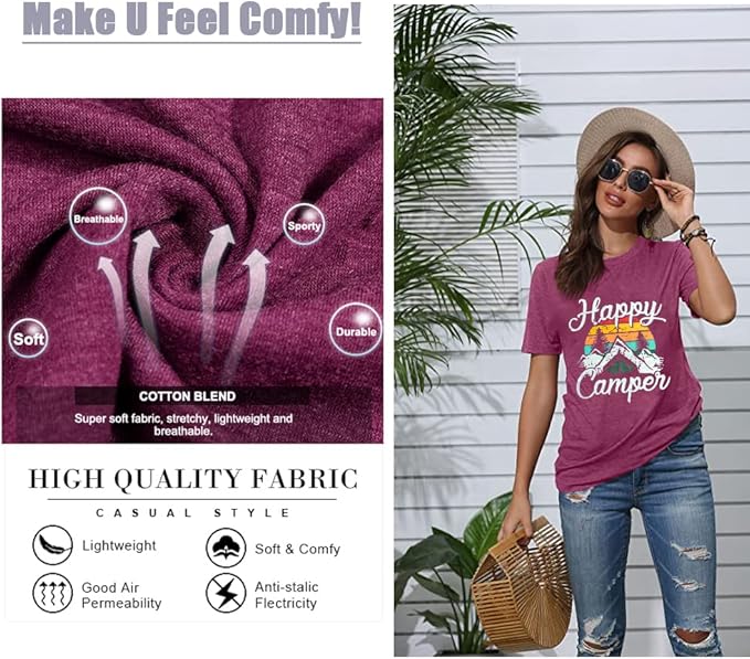 Happy Camp T-Shirt Women Hiking Mountain Adventure Novelty Workout Funny Saying Cute Graphic Athletic Shirt