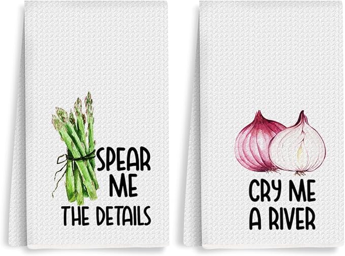 2Pcs Funny Kitchen Towels, Asparagus Onion Vegetable Decor, Hostess Gifts, Dish Towel, Housewarming Gift for Her Women, Wedding Shower Gift, Waffle Weave Hand Towels