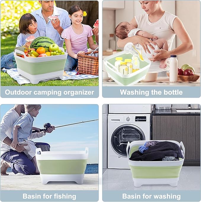 2.4 Gal(9L) Collapsible Dish Basin with Drain Plug, Space Saving Outdoor Multiuse Foldable Sink Tub, Dishpan, Kitchen Storage Tray for Camping, Vegetable Washing, RV (Green)
