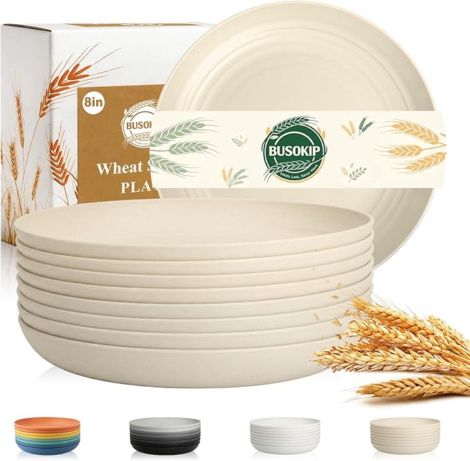 Kitchen Plates Set for 8, Wheat Straw Plate 8 Inch, Unbreakable & Lightweight Plastic Plates, Microwave and Dishwasher Safe Serving Plate for Camping, School, Dorm - Beige