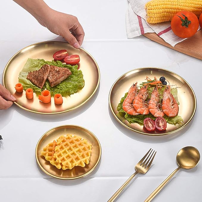 Stainless Steel Gold Plates 2 Set Round Dinner Dishes 8 Inch Metal Plates Great for Picnic,Outdoor Camping Plate,Shatterproof, Dishwasher Safe