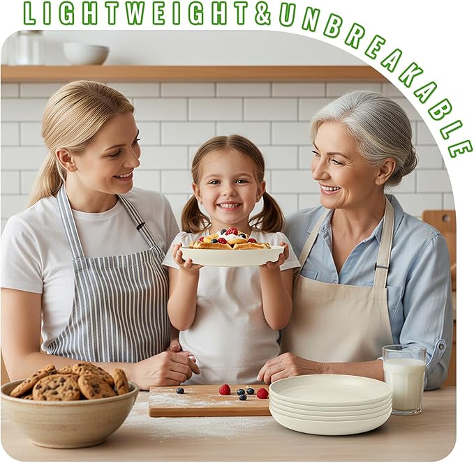 8 Inch Small Plates Set of 6, Wheat Straw Unbreakable Dinner Plates, Reusable Plastic Plates for Appetizer, Microwave Safe, Dishwasher Safe, Ideal for Daily Use, Snacks, LightGrey